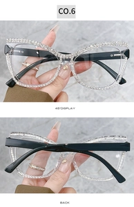 Detail view of cat eye glasses frames with luxury hand-set crystal chain and rhinestones
