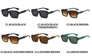 Detailed grid view of square sunglasses showing six distinct color variants and metal studs