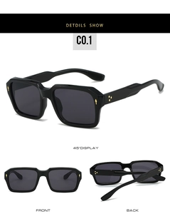 Detail views of square black sunglasses showing golden rivets and classic frame design
