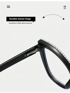 Macro detail of cat-eye glasses with sparkling rhinestones and durable metal hinges