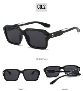 Detailed views of black square sunglasses with gold stud accents and metal temple inserts