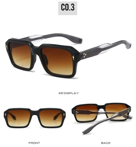Detailed views of vintage square black sunglasses with brown gradient lenses and metal accents