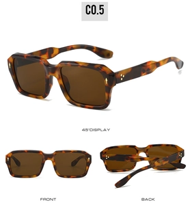 Detailed views of tortoiseshell square sunglasses with gold rivets and brown lenses