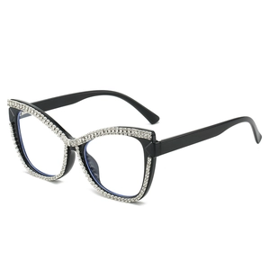 Luxury Rhinestone Cat Eye Glasses Women Anti Blue Light Fashion Hand Inlaid Diamond Look Optical Frame Decorative Eyewear