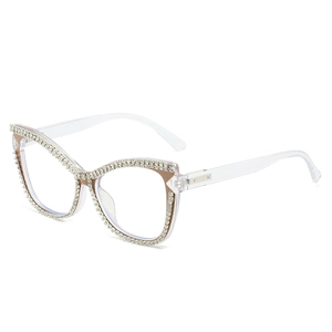 Luxurious cat eye glasses with transparent frames and handmade sparkling rhinestone chains