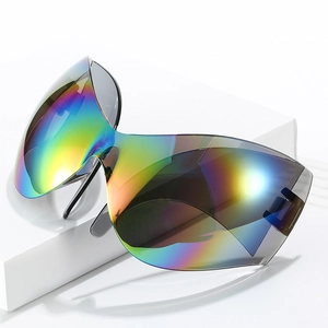 Oversized wrap-around sports sunglasses with rainbow mirrored lens and futuristic frame
