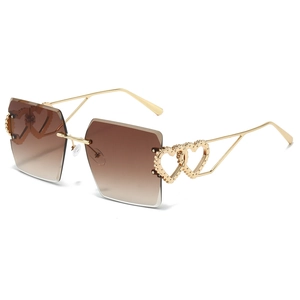 Lunettes de Soleil Sans Monture Cœur pour Femmes Surdimensionnées Bord Coupé Géométrique Monture en Métal Protection UV400 Lunettes Tendances Fête Voyage
