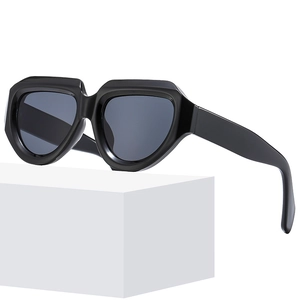 Fashionable black geometric thick frame sunglasses with dark lenses on white display stand