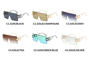 Matrixansicht der randlosen quadratischen Sonnenbrille in sechs Farben mit Herz-Detail