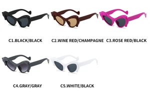 Cat-eye sunglasses in five colors with wavy frames including black, burgundy, and white