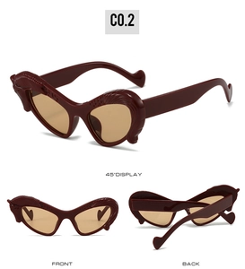 Deep burgundy cat-eye sunglasses with horse head relief detail in multi-angle views