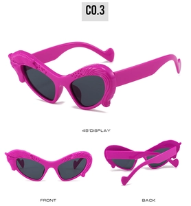 Detailed views of rose pink cat-eye sunglasses with unique horse-shaped frame decorations