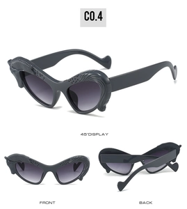 Detailed multi-angle views showing the unique cat-eye frame and gradient grey lenses