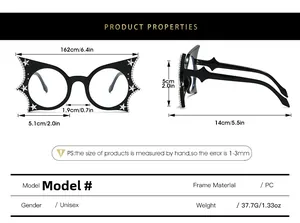 Detailed size chart for rhinestone bat eyewear showing frame width and lens dimensions