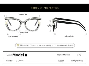 Detailed size guide and specifications for cat eye glasses with rhinestones and pearls