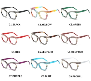 Collage of cat-eye glasses frames with hand-set rhinestones and pearl temple accents