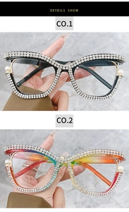 Detail of cat-eye frames with handset rhinestones and pearl accents in two colorways