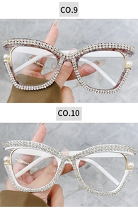 Detail of luxury cat-eye frames featuring hand-set crystals and oversized pearls