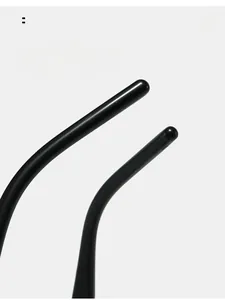 Detail view of glossy black curved temples for comfortable fit blue light blocking glasses