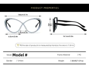Size guide for rhinestone cat eye glasses showing frame width and temple length details