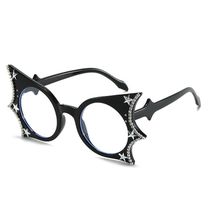 Bat Shape Cat Eye Glasses Frame With Star Rhinestones Anti Blue Light PC Eyewear Fashion Punk Style Women