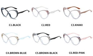 Detailed grid view showcasing six color options for pearl-studded cat eye glasses frames