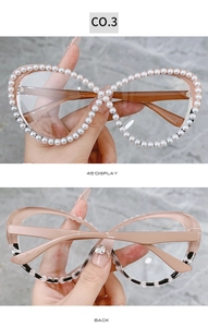 Detailed views of luxury cat eye frames with white pearls and pink marble texture