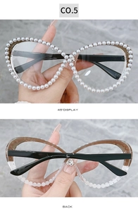Detailed side and back view of trendy cat-eye frames with elegant pearl embellishments