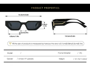 Detailed size chart for vintage square sunglasses with dimensions and technical specifications