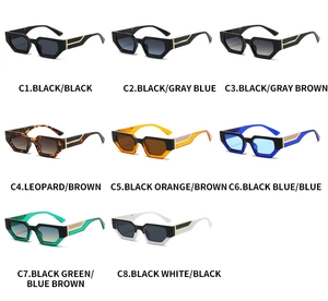 Flat lay of retro rectangle sunglasses in eight assorted colors with gold metal temple accents