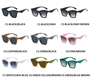 Detailed grid of nine cat-eye sunglasses in black, leopard, and various vibrant frames
