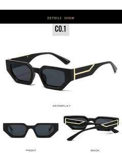 Three perspectives of rectangular black sunglasses with elegant golden metal temple accents