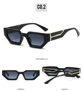 Detail shots of black square sunglasses with blue gradient lenses and gold temple accents