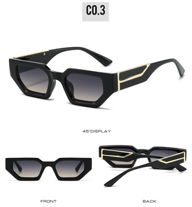 Detailed views of square sunglasses showing 45-degree angle, front and back perspectives