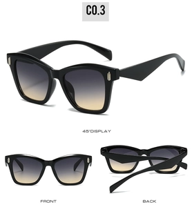Three-view display of black cat eye sunglasses with gradient lenses and silver metal hinges