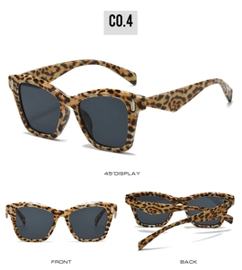 Three views of leopard print cat-eye sunglasses featuring dark grey lenses and C0.4 model
