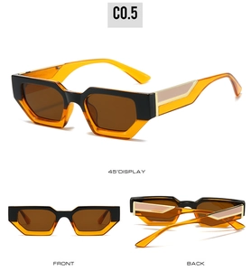 Three-view display of square geometric sunglasses in black and tortoiseshell finish