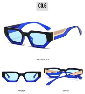 Detailed multi-angle display of vintage square sunglasses with blue frames and gold accents