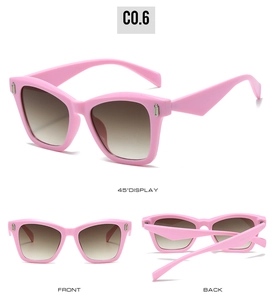 Three-view display of pink cat-eye sunglasses with gradient brown lenses and silver accents