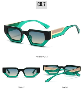 Detail view of fluorescent green geometric sunglasses showing 45-degree angle and front view