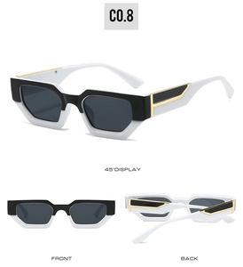 Detail view of rectangular sunglasses with gold T-shaped metal hinges and thick black frames