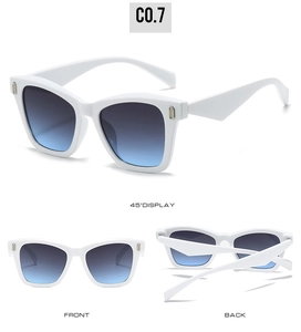 Three-way view of white cat-eye sunglasses with blue gradient lenses and metal accents