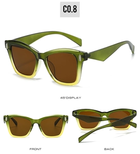 Detailed views of green yellow gradient cat eye sunglasses from front, side and back angles