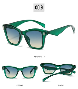 Three perspectives of cat eye sunglasses with green frames and gradient blue lenses