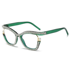 Cat Eye Anti Blue Light Glasses Luxury PC Metal Frame Rhinestone Faux Artificial Pearl Decorative Clear Lens Retro Trendy Women