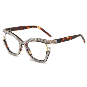 Cat eye blue light glasses with tortoiseshell frame, rhinestones and pearl details