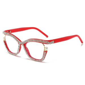 Red cat-eye anti-blue light glasses with luxury diamond studs and pearl accents