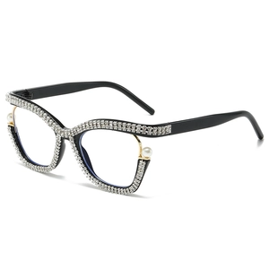 Luxury black cat-eye glasses with sparkling rhinestones and white pearl accents