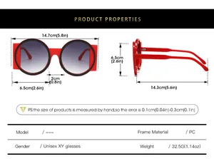Tableau détaillé des tailles pour lunettes de soleil rondes avec mesures du cadre et des verres