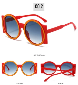 Vues détaillées de lunettes de soleil rouge et orange avec verres bleus dégradés
